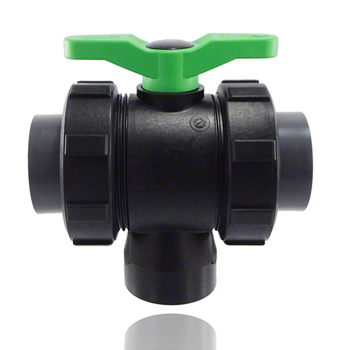 3-Wege-Kugelhahn PPGF, PVC-U-Klebemuffen, FPM = gr&uuml;ner Hebel